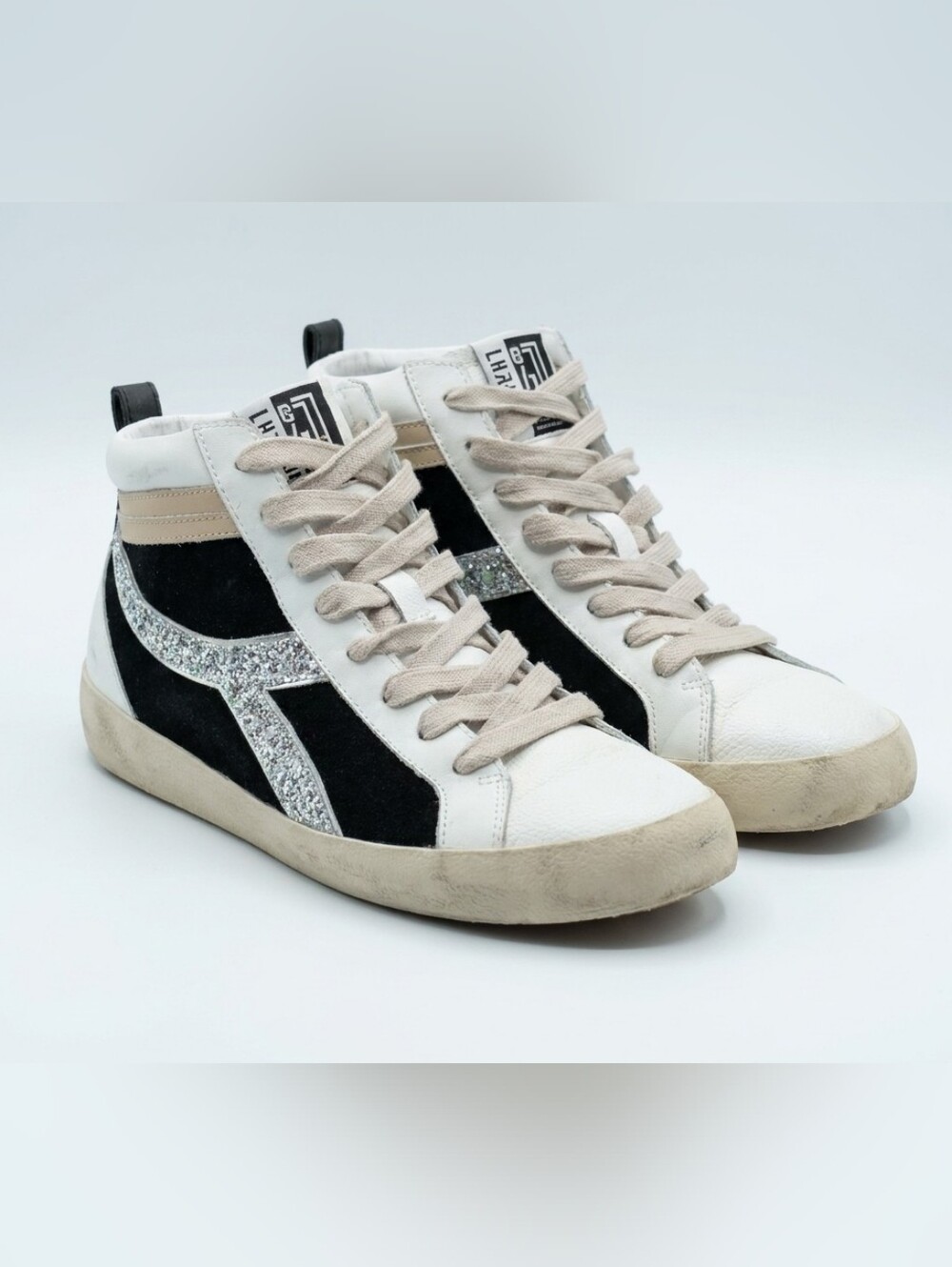 Gianni Bini White, Black & Silver Glitter High-Top Sneakers